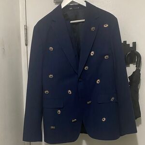 Custom Zara Navy Blazer with Gold evil eye pins